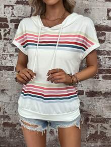 SHEIN LUNE Striped Print Batwing Sleeve Drawstring Hooded Sweatshirt - White - View 5