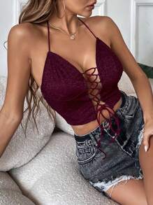 Zolique Áo hai dây Lộ Lưng Ren lên Buộc lại màu trơn Gợi cảm - Màu Tím - Xem 4