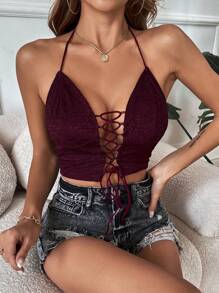 Zolique Áo hai dây Lộ Lưng Ren lên Buộc lại màu trơn Gợi cảm - Màu Tím - Xem 5