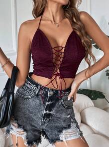 Zolique Áo hai dây Lộ Lưng Ren lên Buộc lại màu trơn Gợi cảm - Màu Tím - Xem 6