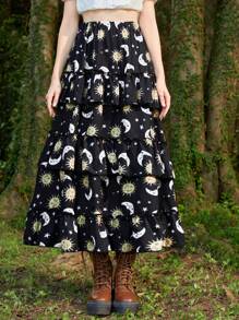 ROMWE Hippie Sun & Moon Print Ruffle Hem Skirt - Multicolor - View 1