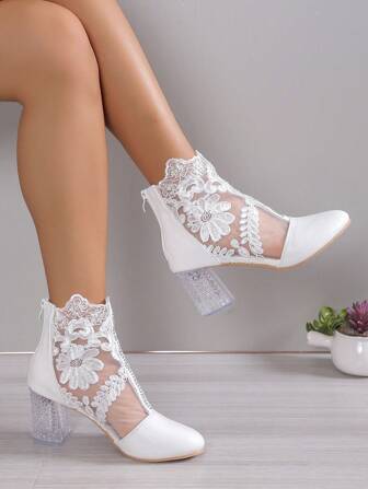 Fall/Winter Elegant Classic Boots For Women, Flower Pattern Chunky Fashion Boots,High Heels