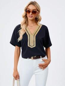 織帶拼接蝙蝠袖襯衫 - 藏蓝色 - 查看 2