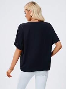 織帶拼接蝙蝠袖襯衫 - 藏蓝色 - 查看 3