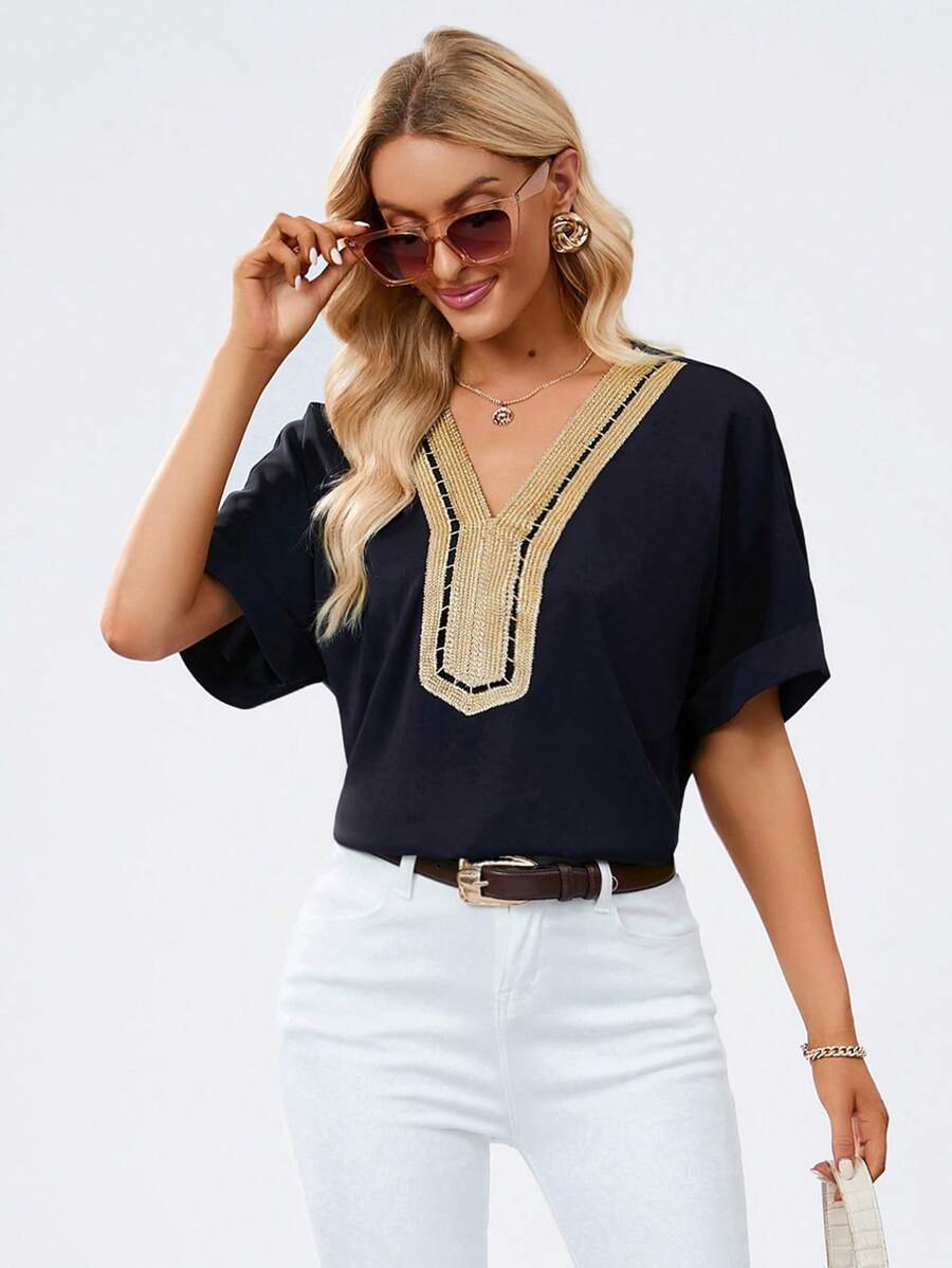 織帶拼接蝙蝠袖襯衫 - 藏蓝色 - 查看 1