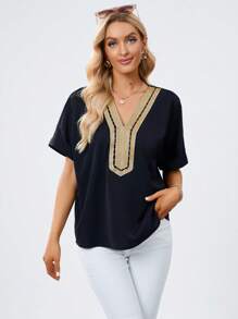 織帶拼接蝙蝠袖襯衫 - 藏蓝色 - 查看 4