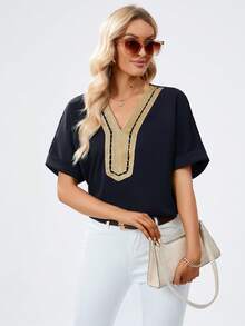 織帶拼接蝙蝠袖襯衫 - 藏蓝色 - 查看 7