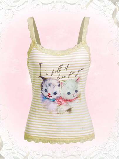 Kawaii Striped & Cat Print Contrast Lace Cami Top