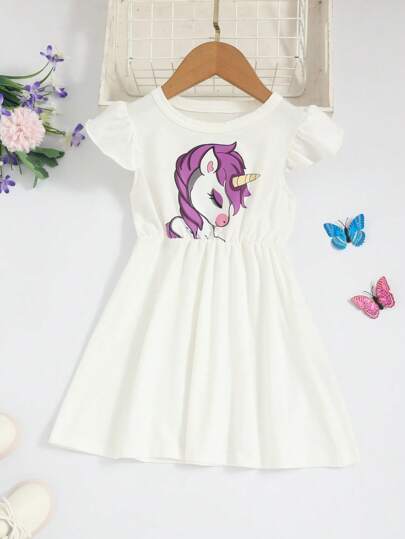 Young Girl Unicorn Print Ruffle Trim Dress