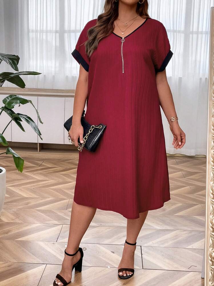 SHEIN LUNE Talla grande Vestido ribete en contraste de manga murciélago con cremallera delantera - Burdeos - Ver 1