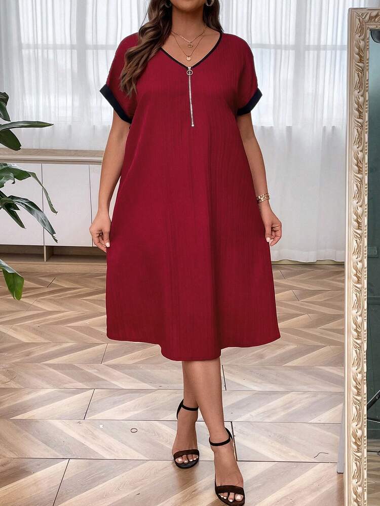 SHEIN LUNE Talla grande Vestido ribete en contraste de manga murciélago con cremallera delantera - Burdeos - Ver 3