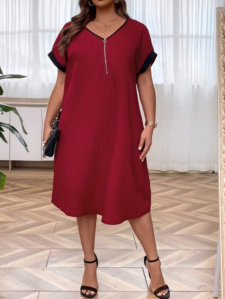 SHEIN LUNE Talla grande Vestido ribete en contraste de manga murciélago con cremallera delantera - Burdeos - Ver 4