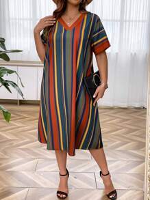 SHEIN Clasi Talla grande Vestido con estampado de rayas de cuello V - Multicolor - Ver 3