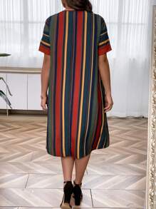 SHEIN Clasi Talla grande Vestido con estampado de rayas de cuello V - Multicolor - Ver 2