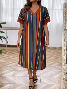 SHEIN Clasi Talla grande Vestido con estampado de rayas de cuello V - Multicolor - Ver 4