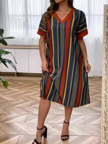 SHEIN Clasi Talla grande Vestido con estampado de rayas de cuello V - Multicolor - Ver 5