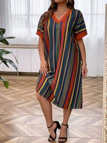 SHEIN Clasi Talla grande Vestido con estampado de rayas de cuello V - Multicolor - Ver 6