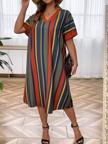 SHEIN Clasi Talla grande Vestido con estampado de rayas de cuello V - Multicolor - Ver 1