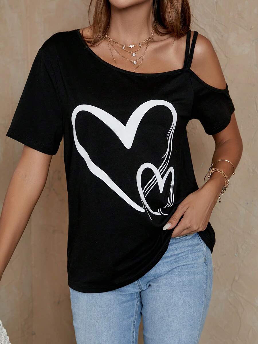 EMERY ROSE Heart Print Asymmetrical Neck Tee - Black - View 1