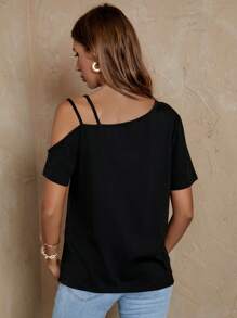 EMERY ROSE Heart Print Asymmetrical Neck Tee - Black - View 2