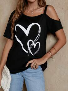 EMERY ROSE Heart Print Asymmetrical Neck Tee - Black - View 3