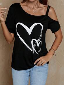 EMERY ROSE Heart Print Asymmetrical Neck Tee - Black - View 4