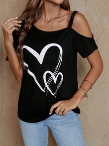 EMERY ROSE Heart Print Asymmetrical Neck Tee - Black - View 5