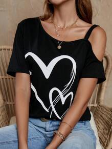 EMERY ROSE Heart Print Asymmetrical Neck Tee - Black - View 6