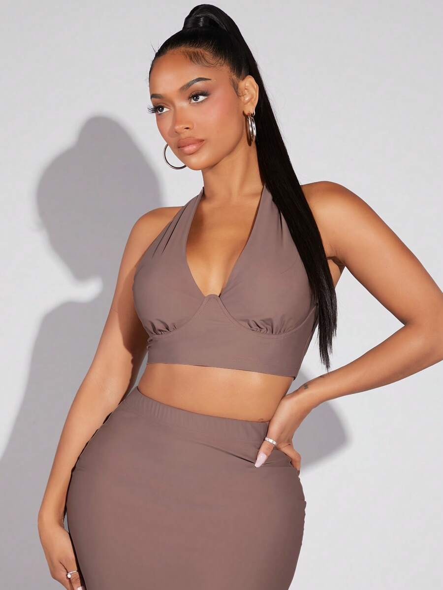 SHEIN SXY Chất rắn Không lưng Áo Crop Halter - màu nâu - Xem 1
