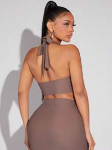 SHEIN SXY Chất rắn Không lưng Áo Crop Halter - màu nâu - Xem 2