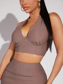 SHEIN SXY Chất rắn Không lưng Áo Crop Halter - màu nâu - Xem 3