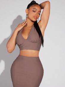 SHEIN SXY Chất rắn Không lưng Áo Crop Halter - màu nâu - Xem 4