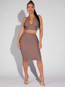 SHEIN SXY Chất rắn Không lưng Áo Crop Halter - màu nâu - Xem 5