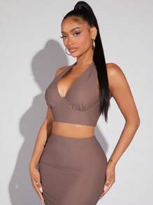 SHEIN SXY Chất rắn Không lưng Áo Crop Halter - màu nâu - Xem 6