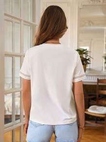 Poéselle Solid Contrast Lace Tee - White - View 2