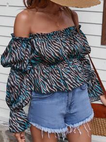 RueChic 斑馬條紋一字肩喇叭袖荷葉邊下擺襯衫 - 彩色 - 查看 5