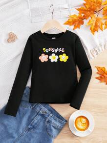 SHEIN 女大童花卉和字母圖案T恤 - 黑色 - 查看 1