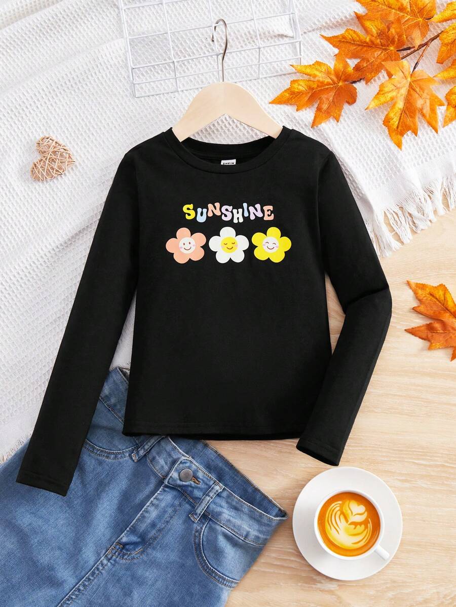 SHEIN 女大童花卉和字母圖案T恤 - 黑色 - 查看 1