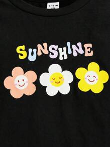 SHEIN 女大童花卉和字母圖案T恤 - 黑色 - 查看 4
