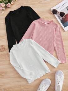 SHEIN Young Girl 3pcs Ribbed Knit Lettuce Trim Tee
