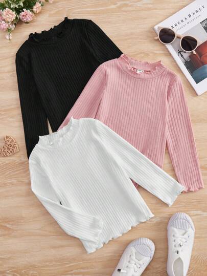 SHEIN Young Girl 3pcs Ribbed Knit Lettuce Trim Tee