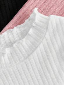 SHEIN Young Girl 3pcs Ribbed Knit Lettuce Trim Tee