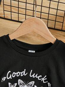 SHEIN Tween Girl Slogan & Butterfly Print Tee & Biker Shorts