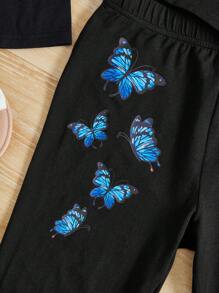 SHEIN Tween Girl Slogan & Butterfly Print Tee & Biker Shorts