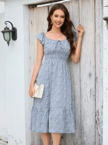 HOMEYEE Vestido con estampado floral con nudo delantero bajo con fruncido - Azul y blanco - Ver 1