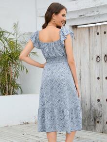 HOMEYEE Vestido con estampado floral con nudo delantero bajo con fruncido - Azul y blanco - Ver 2