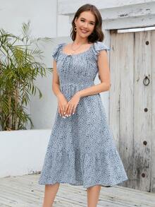 HOMEYEE Vestido con estampado floral con nudo delantero bajo con fruncido - Azul y blanco - Ver 4