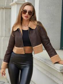 RELISH NOLESS 毛絨面板拉鏈開襟短款PU皮革夾克 - 咖啡棕 - 查看 1