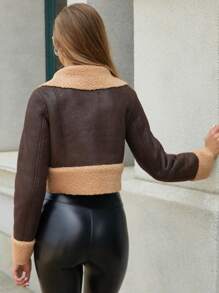 RELISH NOLESS 毛絨面板拉鏈開襟短款PU皮革夾克 - 咖啡棕 - 查看 2