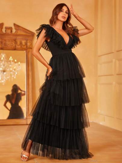 Deep V-Neck Evening Gown With Ruffled Flared Sleeves & Tiered Tulle A-Line Hem Women's Formal Wedding Dress